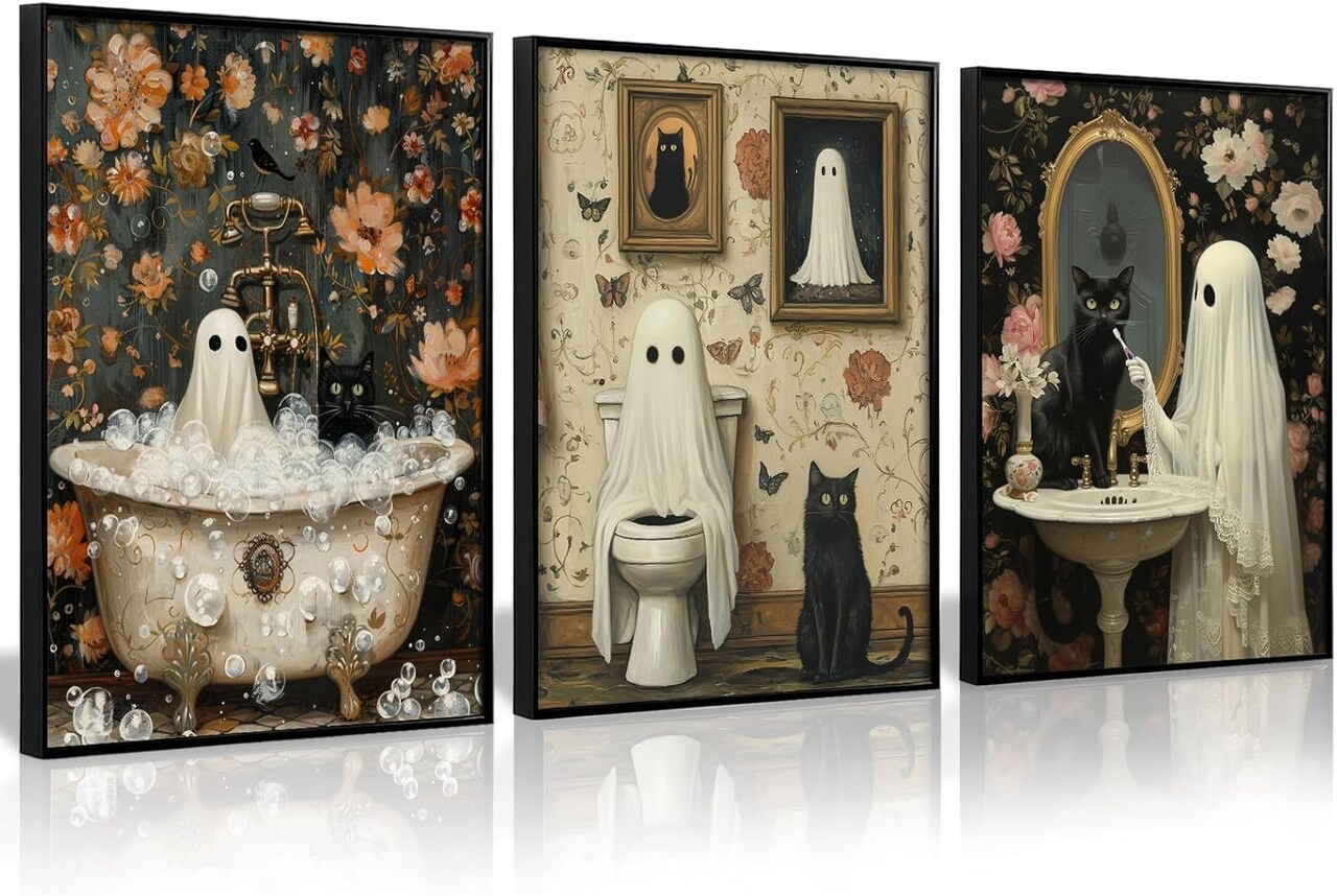 Halloween Gothic Bathroom Wall Art – Set of 3 Funny Goth Canvas Posters (8x10 Unframed), Dark Academia Decor, Spooky Witchy Ghost Prints, Cute Black Cat Horror Artwork for Home & Bathroom